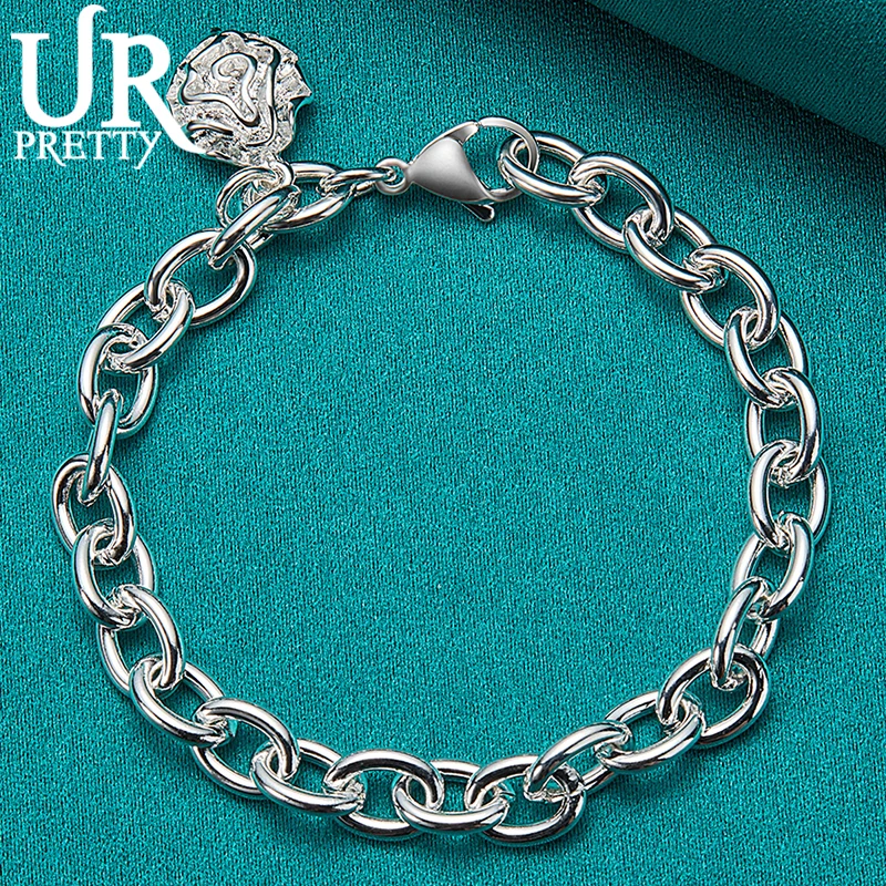 

925 Sterling Silver Rose Flower Pendant Chain Bracelet For Women Party Wedding Engagement Charm Jewelry