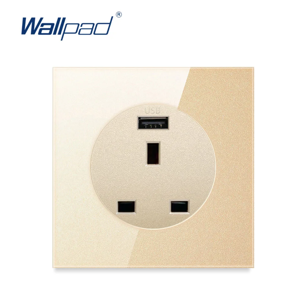 

Wallpad 2019 New Arrival USB 3 Pin 13A Wall Power Socket Outlet Gold Crystal Glass Panel Grounded USB Charger 5V 2400MA