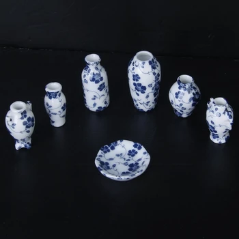 

1/12 Dollhouse Miniatures Ceramics Porcelain Vase Blue Vine -7 piece