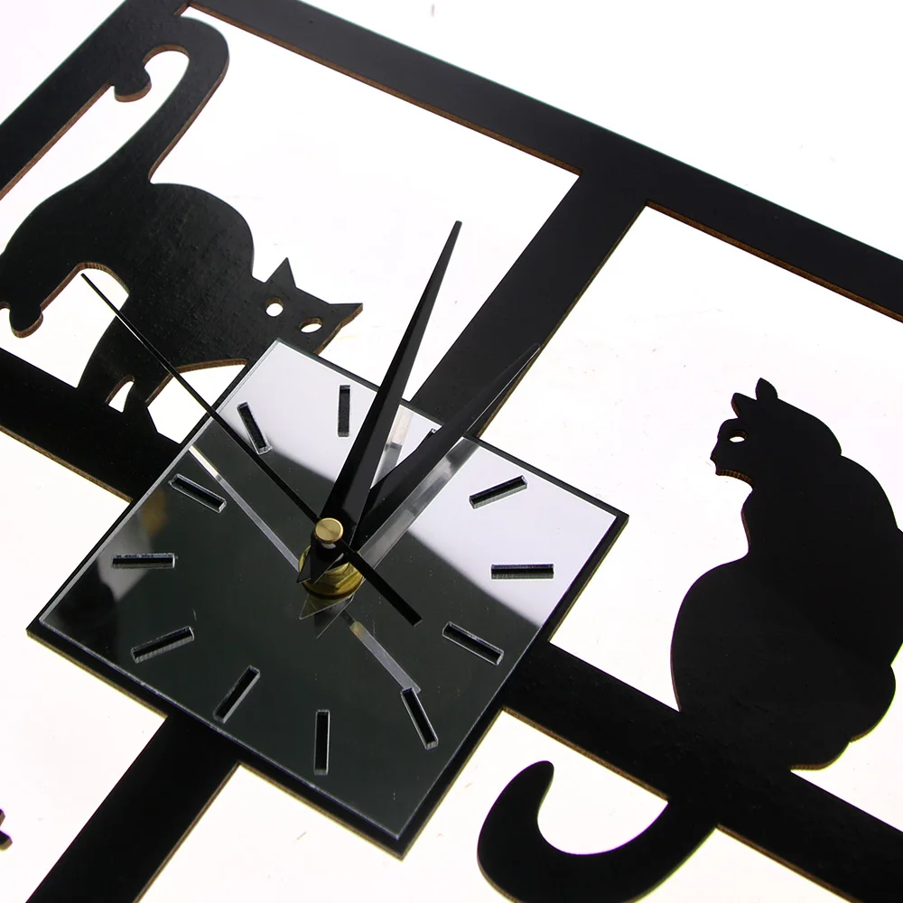 Четыре кошки Тихий развертки кварцевые деревянные настенные часы милые кошки в окно 3D черный котенок Экологичные натуральные квадратные наручные часы Saat