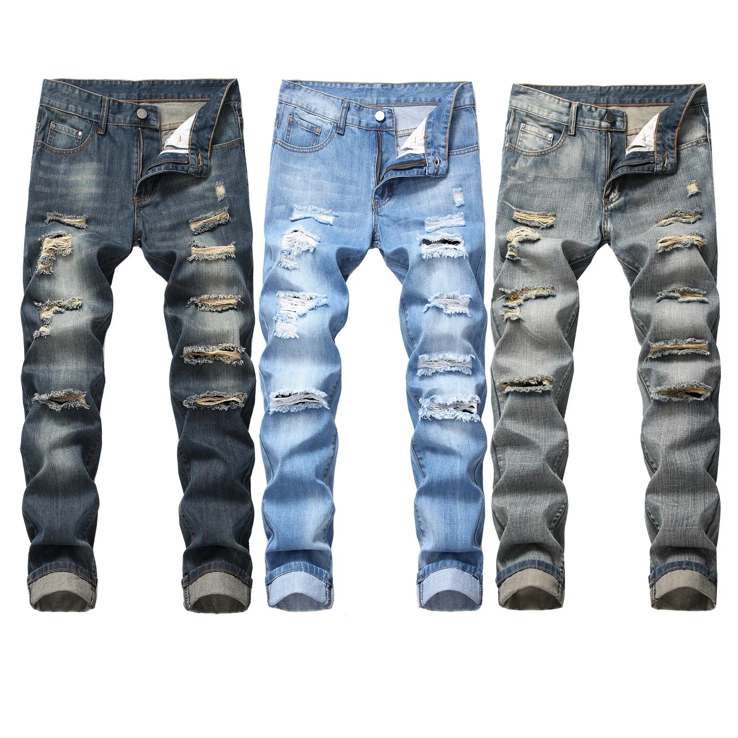 

2019 Men'S Wear with Holes Straight Slim No Bombs Jeans Multi-Tattered MEN'S Trousers