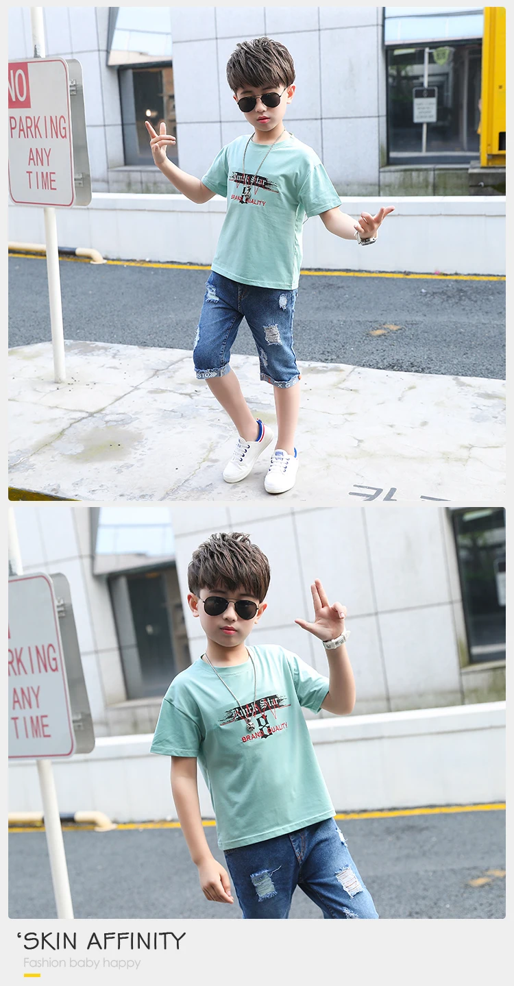 Children Cute Fashion Summer Kids Boy Clothes 2 Piece Set White T-Shirt Shredded Jeans 5-14 Years Boy Kids Clothes Set