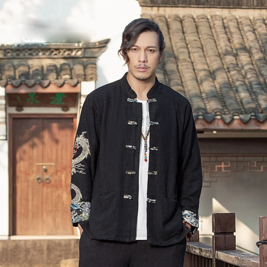 Abbigliamento tradizionale cinese Kung Fu Hanfu Dragon camicia ricamata  manica lunga bottone stile nero moda Plus Size uomo per il tempo  libero|Top| - AliExpress
