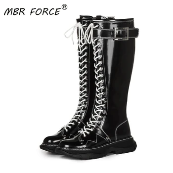 

MBR FORCE New Fashion Trend High quality women Cool personality lace up classic boot knee high woman Motorcycle Boot Girls black