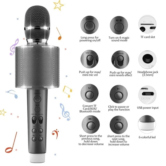 Microphone de karaoké Bluetooth sans fil, changeur de voix, lumière LED  colorée, haut-parleur portable, déterminer la machine à chanter - AliExpress