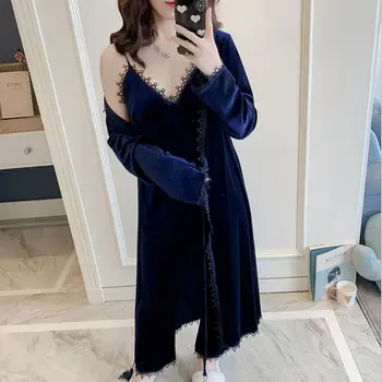 

New Gold Velvet Women Pajamas Keep Warm 2 Pcs Nightdress+Cardigan+Trousers Set Sleepwear