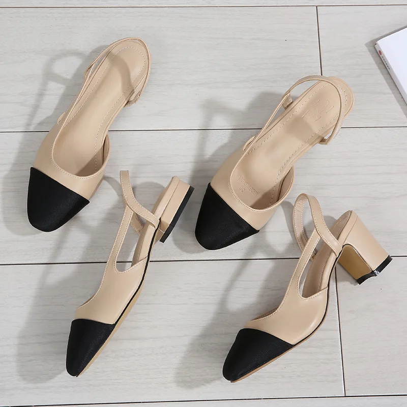 

mixed color chunky single shoes women summer patchwork shallow sandals side cut out stretch back strap slip on slingback sandals