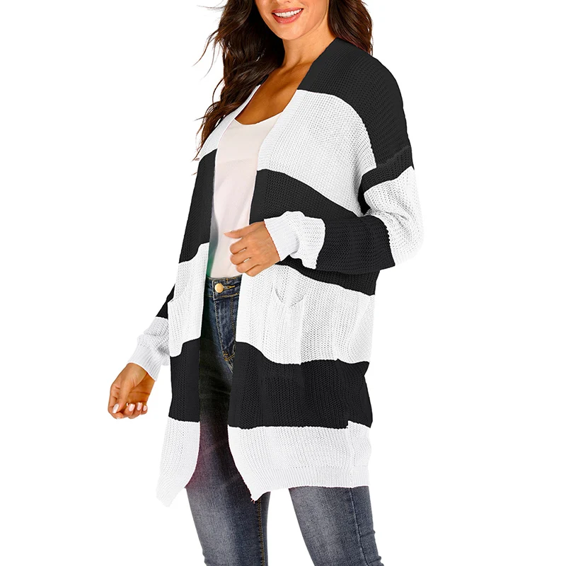 

Medium Long Wild Sweater OL Commuter Loose Striped Cardigan Black And White 3XL