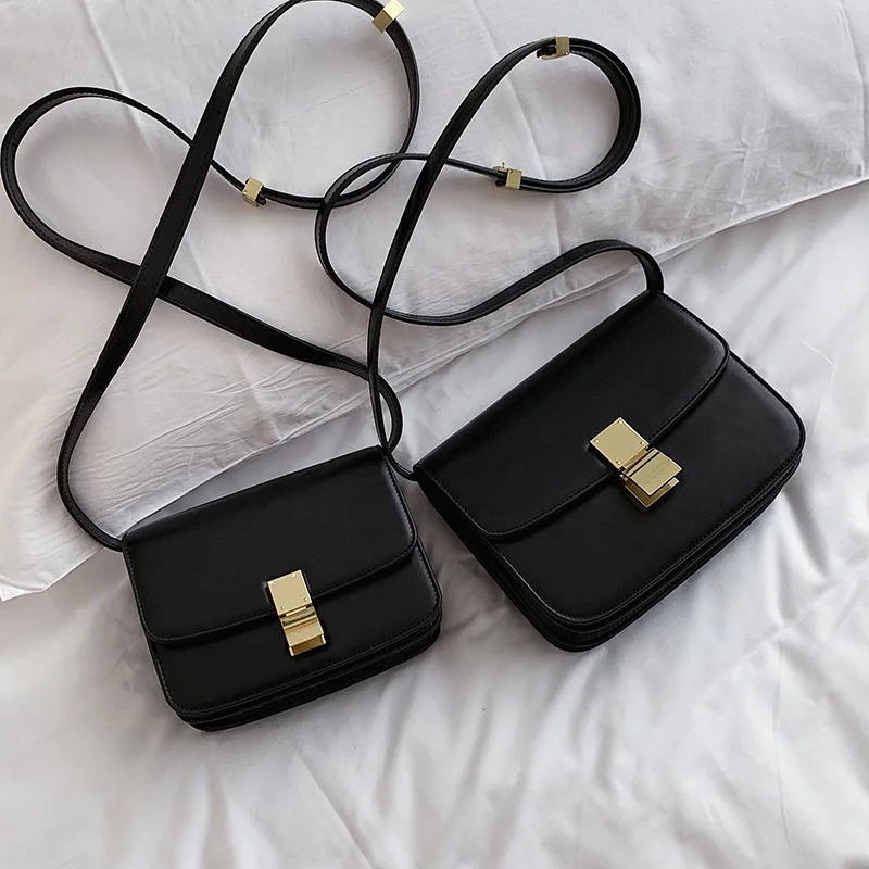 

2019 Winter New Style WOMEN'S Bag Retro Shoulder Bag Solid Color Square Bag Lock Large Small WOMEN'S Bag