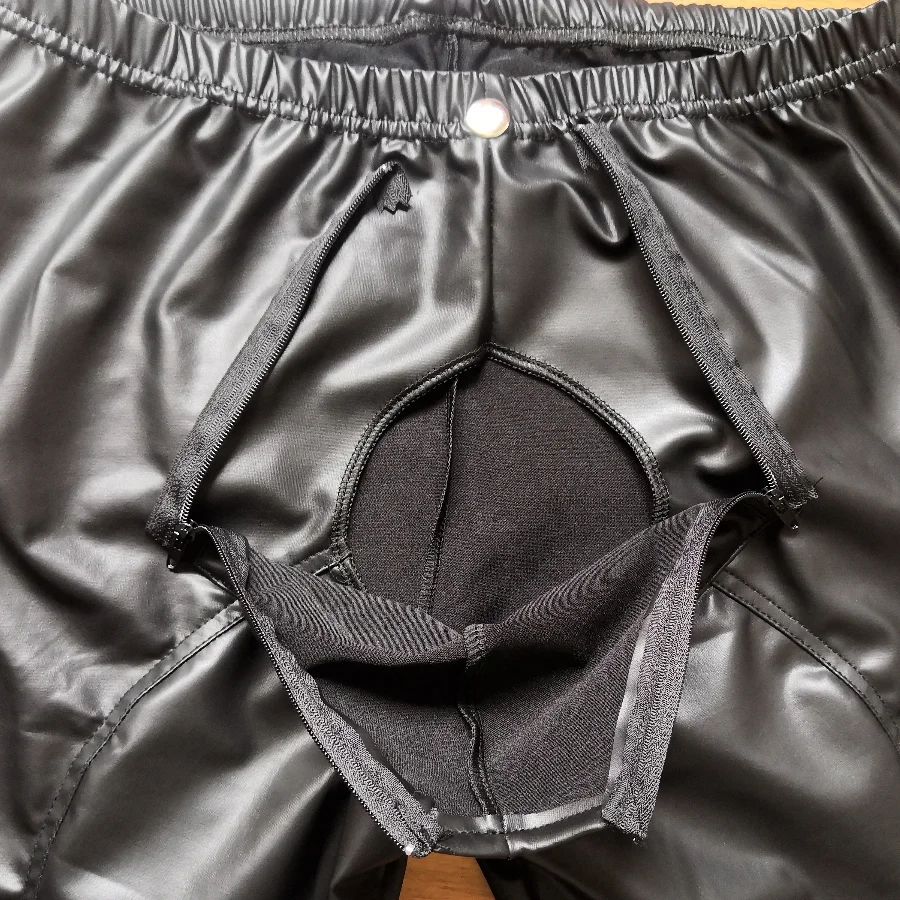 Faux Leather Men Night Club DS Tight Trousres Erotic Costume Lingerie Sexy Zipper Open Penis Pouch Elastic Waist Long Pants