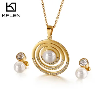 

Kalen Fashion Elegant Femme Jewelry Sets Three Layers Stainless Steel Zircon Imitation Pearls Necklaces Earrings Sets For Women