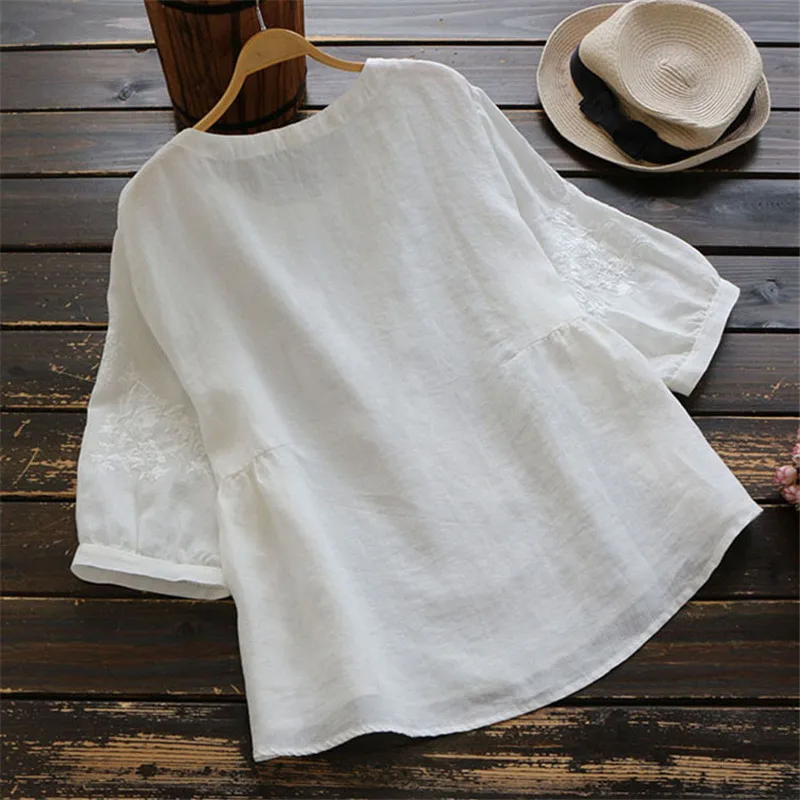 Женская рубашка свободного кроя размера плюс с вышивкой в национальном стиле, хлопковая рубашка с круглым вырезом, летние модные женские блузки