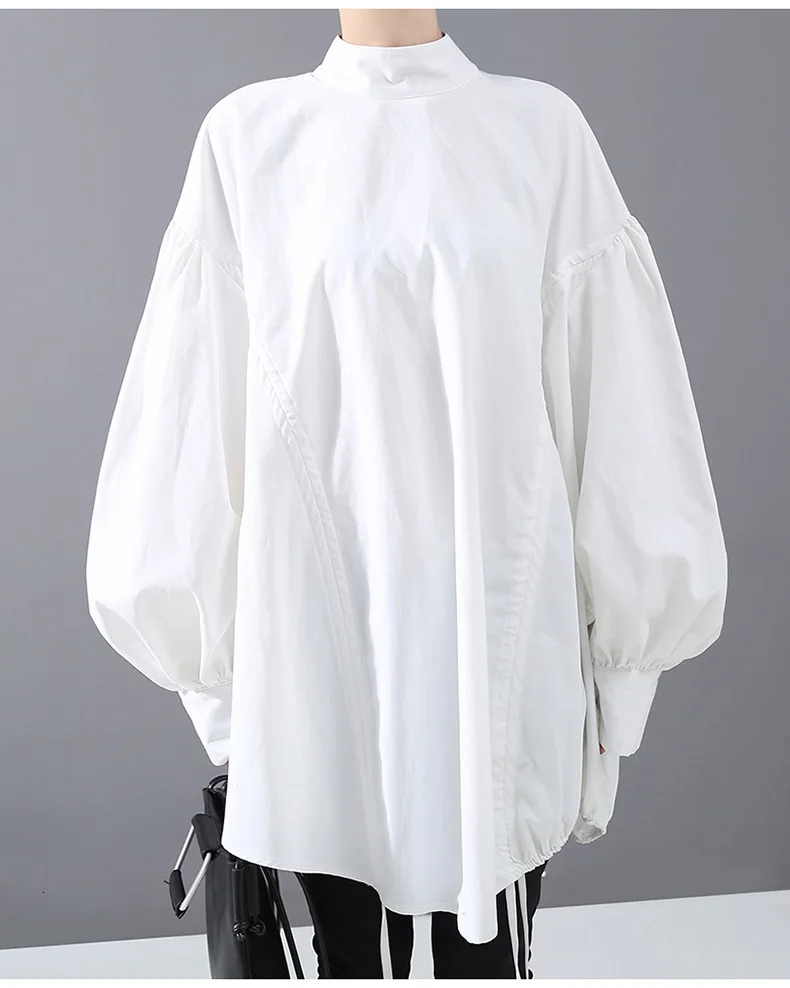 [EAM] Женская Длинная блузка с завязками сзади большого размера, новинка, сатиновый воротник, длинный рукав, свободная рубашка, модная, весна-осень 1N242