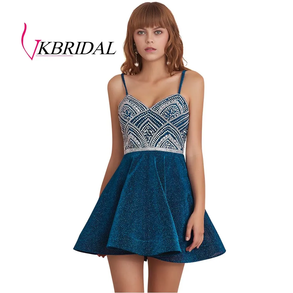 teal VKBRIDAL, сексуальные короткие платья на бретельках для выпускного вечера,, Королевский синий цвет, с бусинами, с блестками, Коктейльные Вечерние платья - Цвет: teal