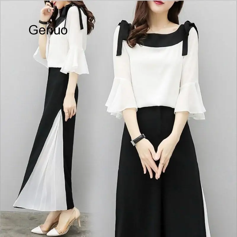

Summer Set Wide Leg Pants Chiffon Suit Two Piece Set Three Quarter Flare Blouse And Pant Suits 2020New Fashion