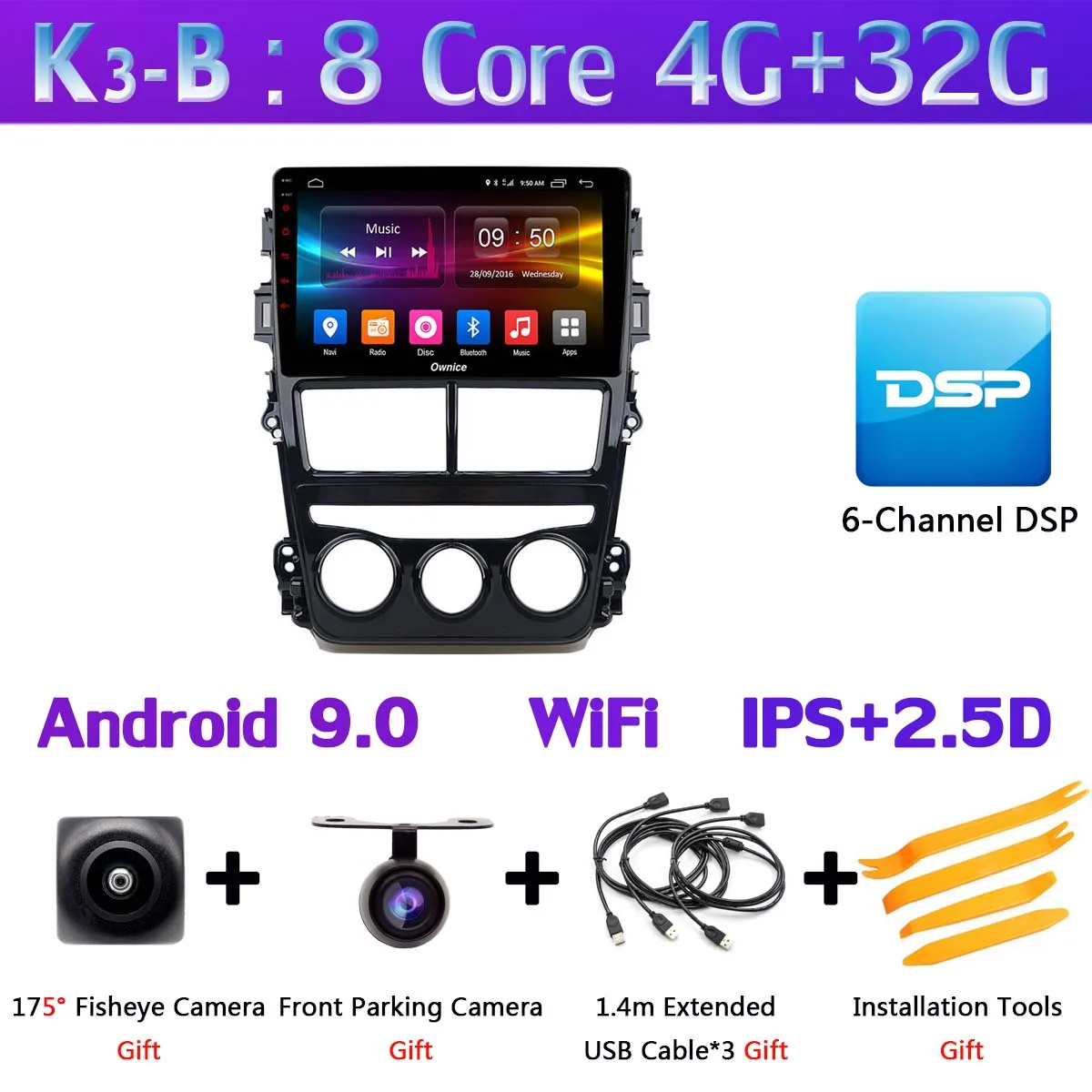 K3-B 360 ° панорамная камера Android 9,0 4G+ 64G DSP CarPlay автомобильный мультимедийный плеер для Toyota Yaris, Vios MT на gps радио - Цвет: K3-B