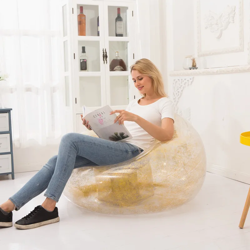 Прозрачный блестящий надувной диван ленивый мешок фасоли воздуха открытый кемпинг складной портативный пляжный кровать кресло стул диван пуховка - Цвет: Golden