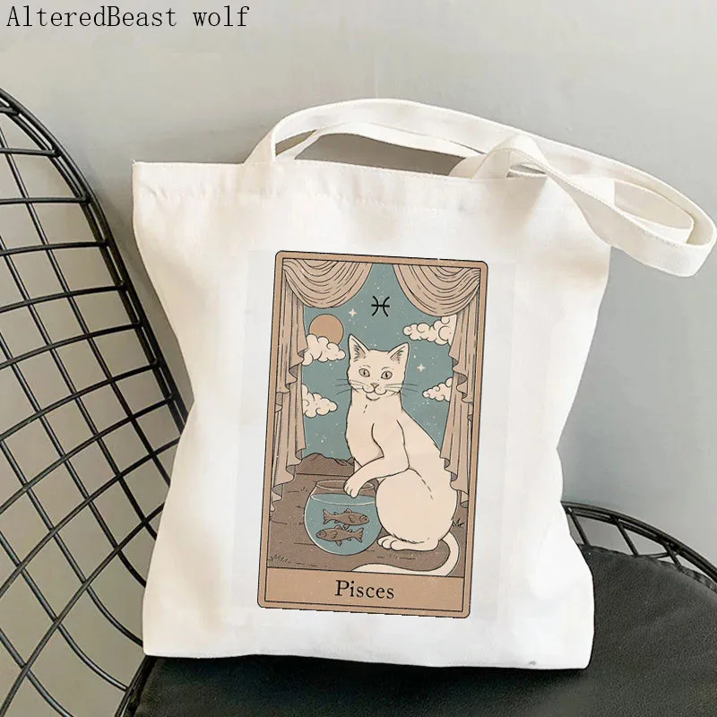 Women Shopper bag Nine of Pentacles cat Tarot Bag Harajuku Shopping Canvas Shopper Bag girl handbag Tote Shoulder Lady Bag