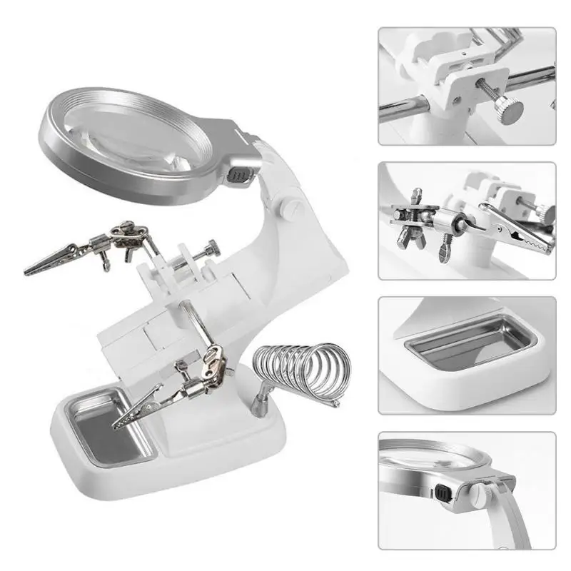 Welding LED Magnifier 3X/4.5X Multi-functional Soldering Iron Magnifying Glass Alligator Clip Holder Hand Welding Repair Tool