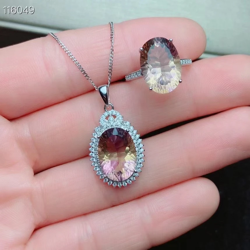 

KJJEAXCMY fine jewelry 925 sterling silver inlaid Ametrine Women's noble luxury color big gem ring pendant set support detection