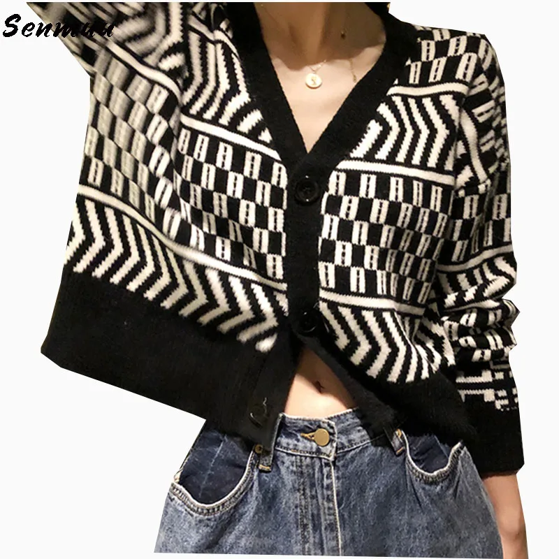 Винтаж V образным вырезом Для женщин кардиган свитер Повседневное однобортное