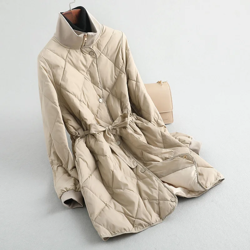 Пуховик женский с воротником стойкой и поясом приталенный легкий пуховик в