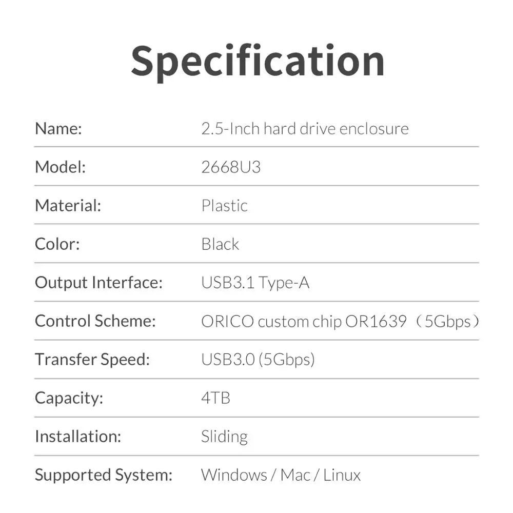 ORICO 2,5 корпус для жесткого диска SATA USB 3,0 HDD чехол 5 Гбит/с Поддержка 4 ТБ со встроенным кабель для передачи данных жесткий диск SSD Внешний жесткий диск чехол