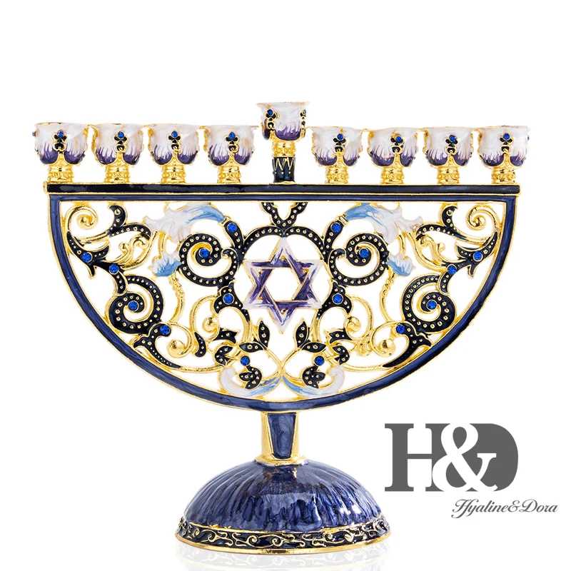

H&D 9 Branches Hand Painted Hanukkah Menorah Judaism Star of David Enamel Candlesticks Chanukah Candelabra Embellished Crystals