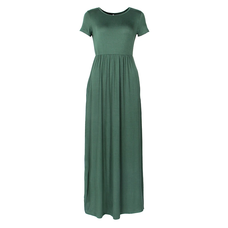 Army Green Летнее Длинное Платье Макси, женская одежда, новая мода, короткий рукав, одноцветные повседневные платья, хлопок, Femme, карманы, халат размера плюс XXL GV598 - Цвет: Army Green