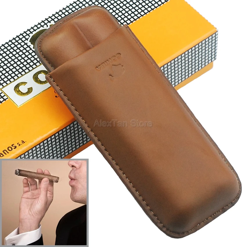 COHIBA благородный лаконичный коричневый кожаный 2 трубки держатель для сигар чехол