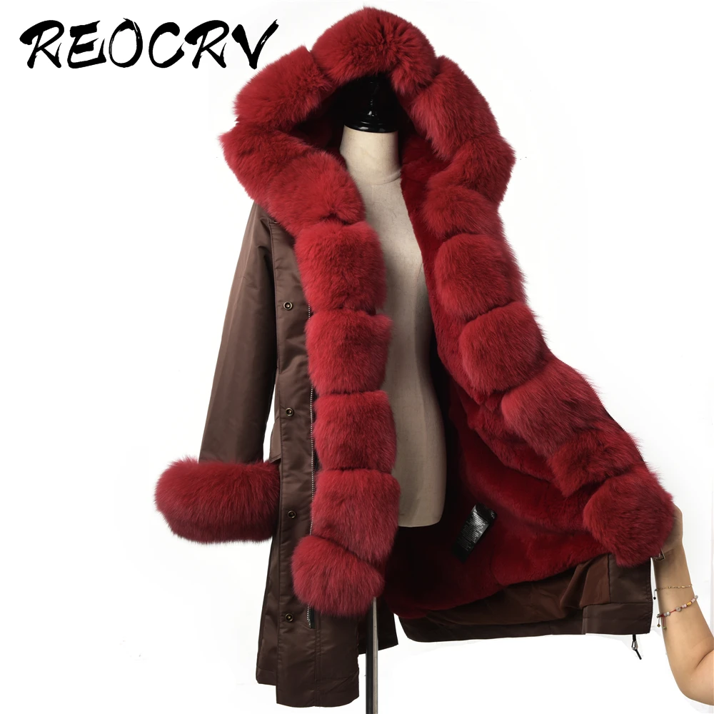 

REOCRV 2019 Waterproof Parka Plus Size Brown Jacket Winter Coat Women Natural Fox Fur Parka Rex Rabbit Fur Lining Real Fur Parka