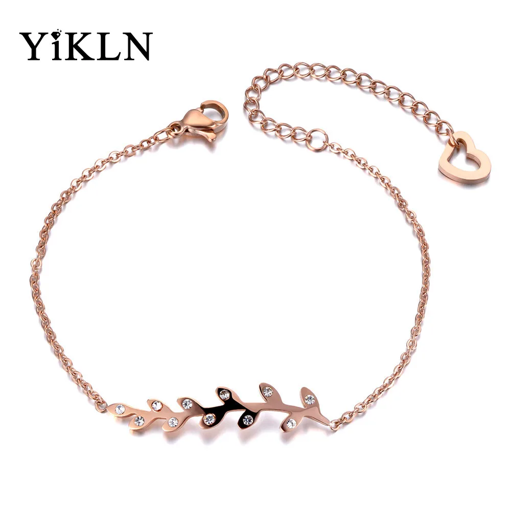 

YiKLN Spring Style Crystal Leaves Charm Bracelet Bangle For Women Girl Stainless Steel Link Chain Bohemia Beach Jewelry YB19025