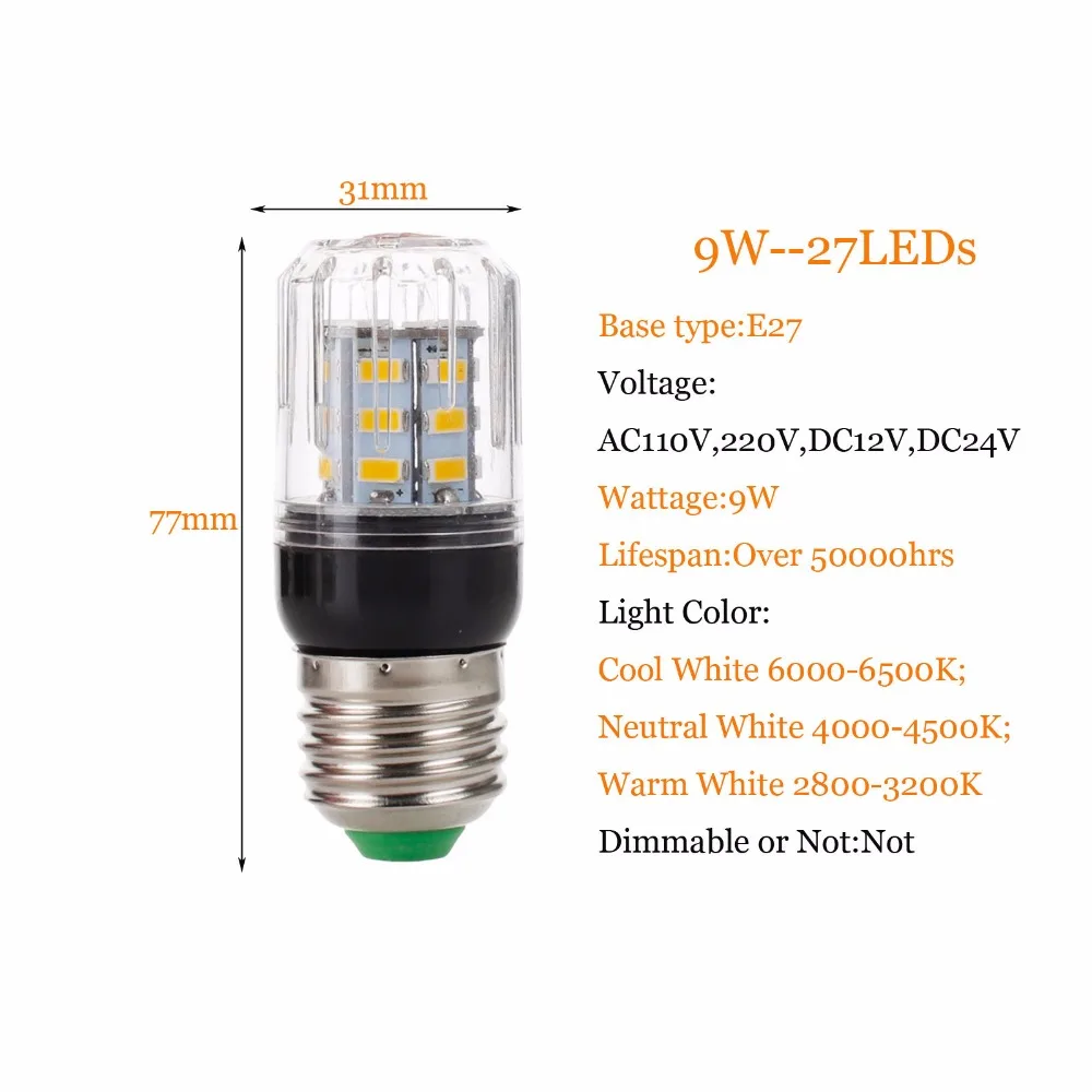 LED 옥수수 전구 가정용 조명, 따뜻한 차가운 중성 백색 전구, 9W, E27, E14, E12, E26, LED 조명, 5730SMD, 27LED, 110V, 220V, 12V, 24V