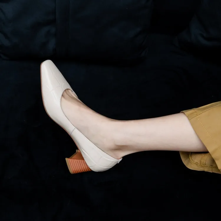 

2020 High Heel Shoes 3-Color Stone Pattern Full-grain Leather Simple Shoes Women's Chunky-Heel Versatile Work Shoes WOMEN'S Shoe