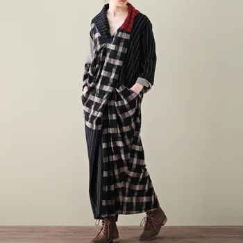 

[EWQ] 2020 Spring New Casual Fashion Literary Women Loose Plus Chest Cross Long Plaid Cotton And Linen Dress Fashion Tide TC399