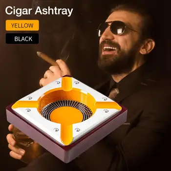 

Portable Cigar Ashtray Alloy Slot 4 Finger Metal Cigar Holers Cigarette Ashtray With Wooden Base Household Tobacco Gadgets