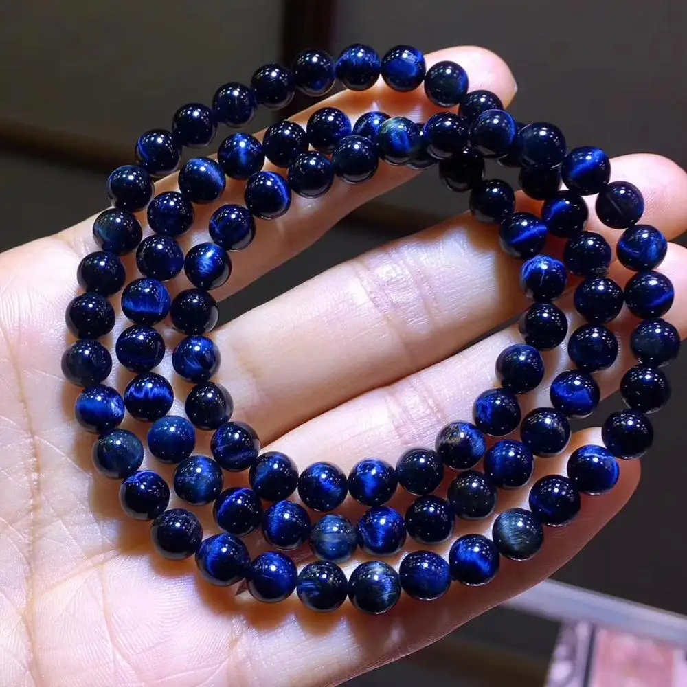 6.3mm Natural Namibia Pietersite Bracelet Blue Stone Stretch Healing Best Gift 3 Laps Round Beads Cat Eye Effect AAAAAA