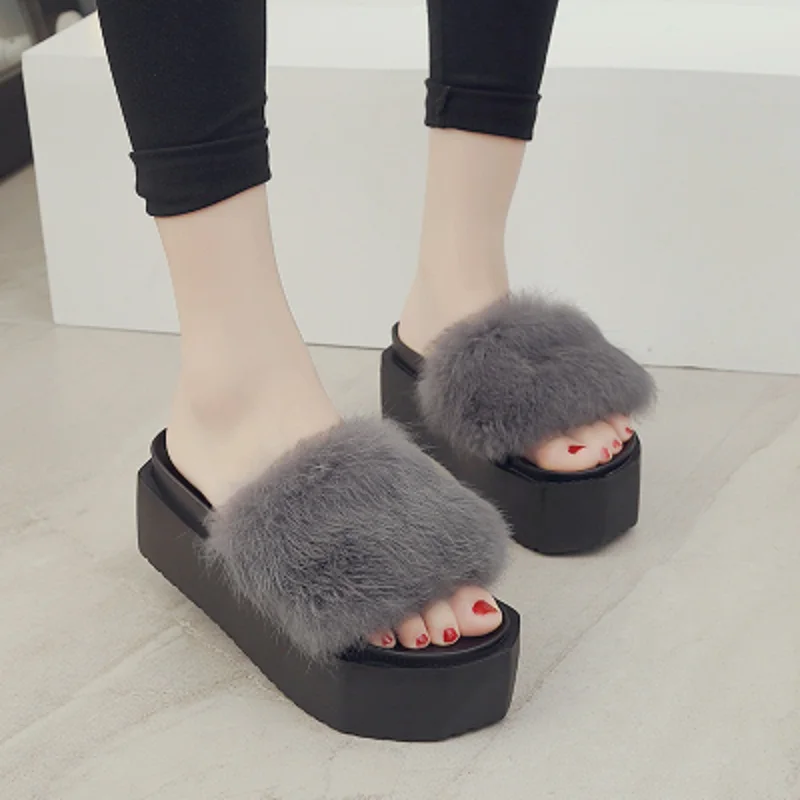 Autumn new Korean rabbit fur thick one waterproof platform muffin bottom shoes outside wearing slippers | Обувь