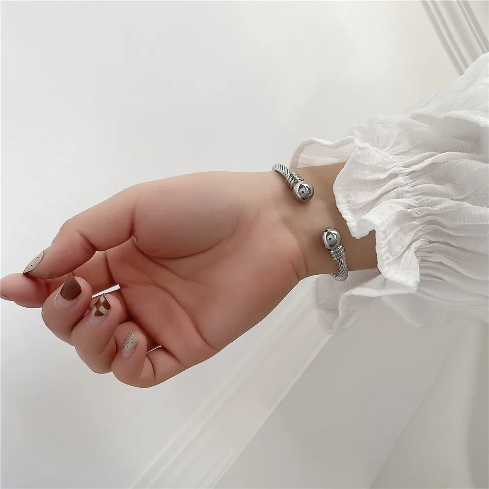 Bangle Bracelet Stainless Steel Bracelet Titanium Steel Charm Ball Open Cuff Bangle Women Bracelet Stainless Steel Gold Color Wire Rope Women Bangle Fashion Jewelry