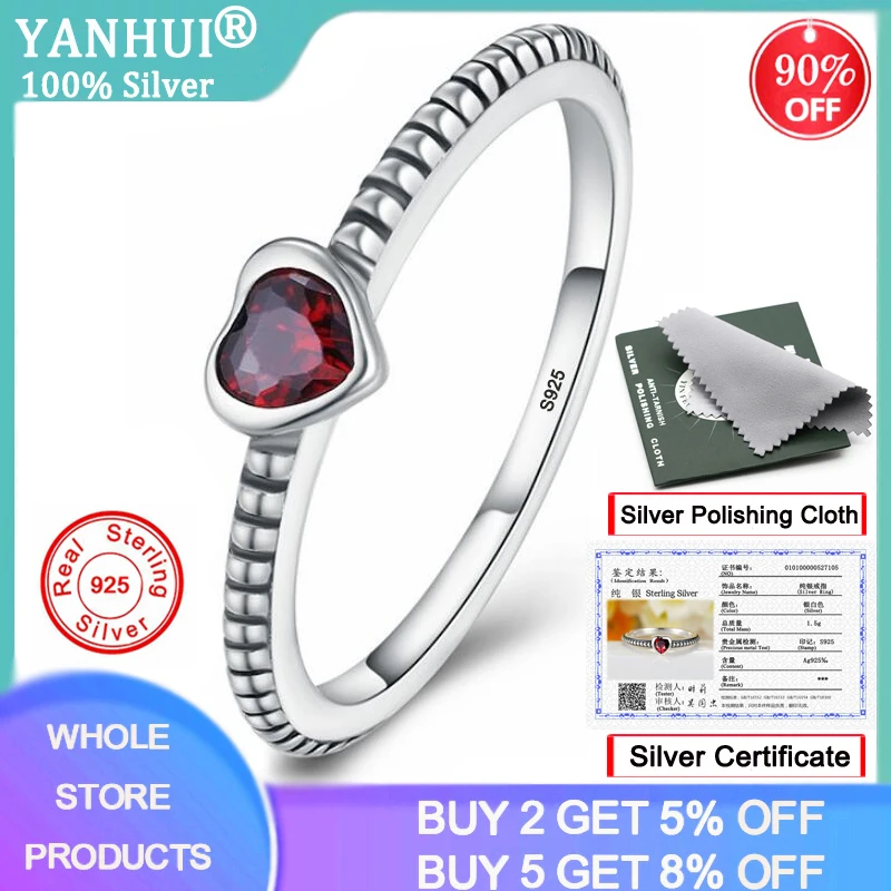 

YANHUI With Certificate Romantic Heart Red Zircon Ruby Ring 925 Silver Rings for Women Stackable Ring Band Fine Jewelry R105