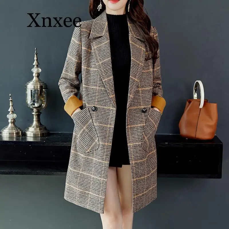 

Winter Brown Wool Coat Jacket Women Korean Plaid Long Jacket Warm Elegant Wool Coat England Cashmere Vintage Coat Cape Female