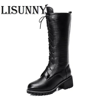 

2020 Women Motorcycle Boots Genuine Leather Warm Wool Martens Boots Large Size Lady Shoes Winter Boots For Women