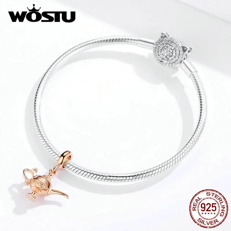 WOSTU, настоящая 925 пробы, серебряная Лампа Аладдина, шарм, розовое золото, бусины, подходят к оригинальному браслету, кулон, счастливое желание, ювелирное изделие, FIC703-C