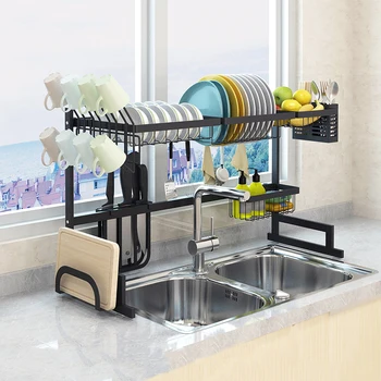 

Hot Upgrade Black Stainless Steel Dish Rack Over The Sink Dish Drying Rack Cup Holder Kitchen Organizer
