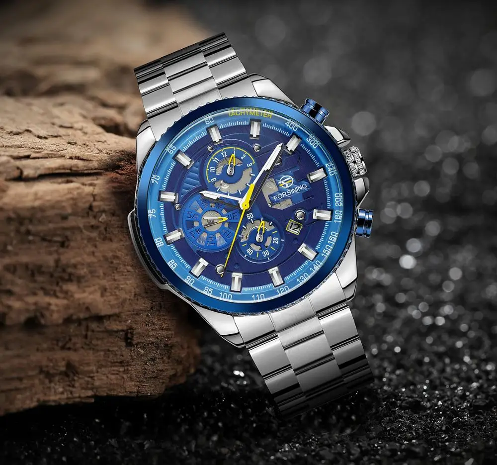 Forsining синий океан дизайн серебро сталь 3 циферблата календарь дисплей Мужские автоматические механические Спортивные наручные часы лучший бренд класса люкс