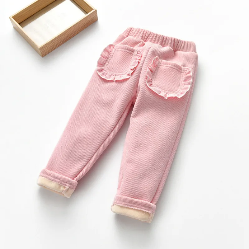 Pink and pink Зимние теплые штаны для девочек; модные детские хлопковые плотные бархатные брюки; Одежда для девочек; Штаны для маленьких девочек; детская одежда для дня рождения - Цвет: Pink and pink