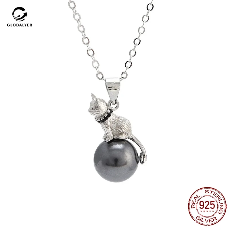 

New S925 sterling silver Pearl pendant Female jewelry Retro simple cat clavicle necklace Girl's gifts Free shipping 657