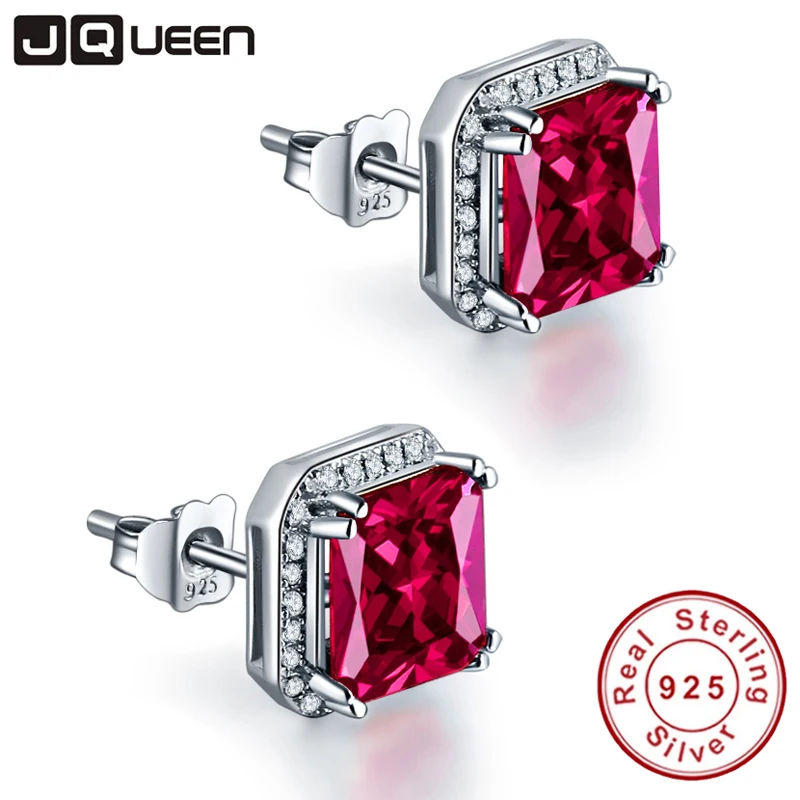 Винтажные серьги гвоздики с рубинами JQUEEN красные из стерлингового серебра 925