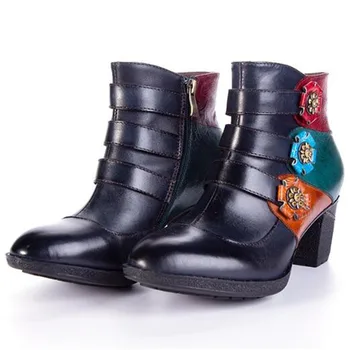 

Retro Women Botas mujer Flower Genuine Leather Simple ZIP 5.5CM Thick High heel Ankle Boots Shoes appliques shoes for women 2020