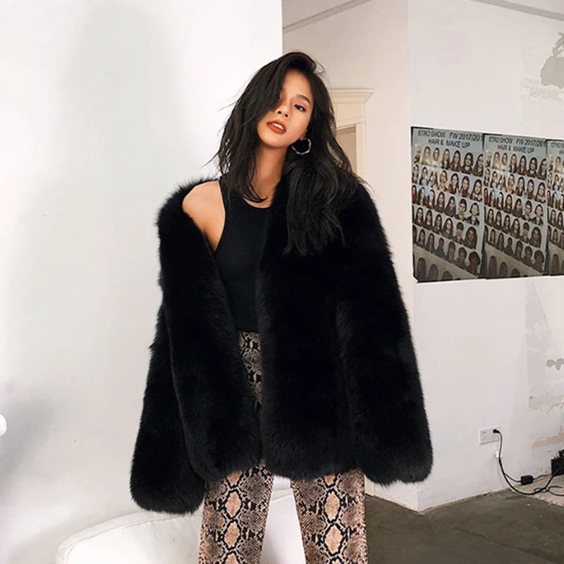 

rf1968 Luxury Full Plet Women's Real Fox Fur Jacket Long Sleeve Simple Desgin Black Natural Fur Coat